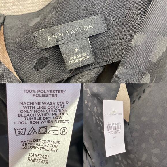 ANN TAYLOR Spotted Puff Shoulder Satin Cowl Neck Top In black Size Medium‎ NWT - Picture 3 of 12